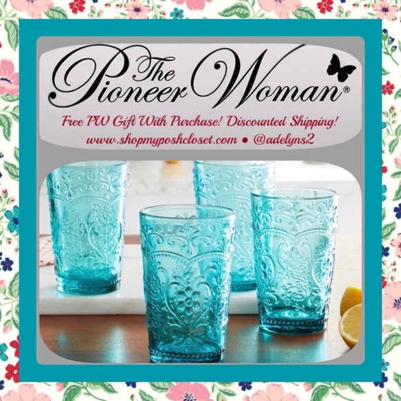 πΊ New Pioneer Woman Amelia Teal Blue Embossed Glass Tumblers, Set of 4 - Picture 5 of 9